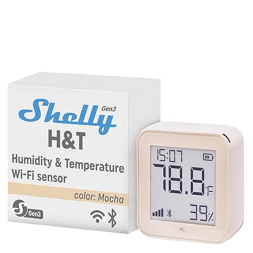 Shelly H&T Gen3 Mocha | Wi-Fi and Bluetooth Smart Temperature & Humidity Sensor with Remote App Control & Monitoring | Smart Scenes | Notification Alerts | LCD Display | Free Data Storage Export by Shelly
