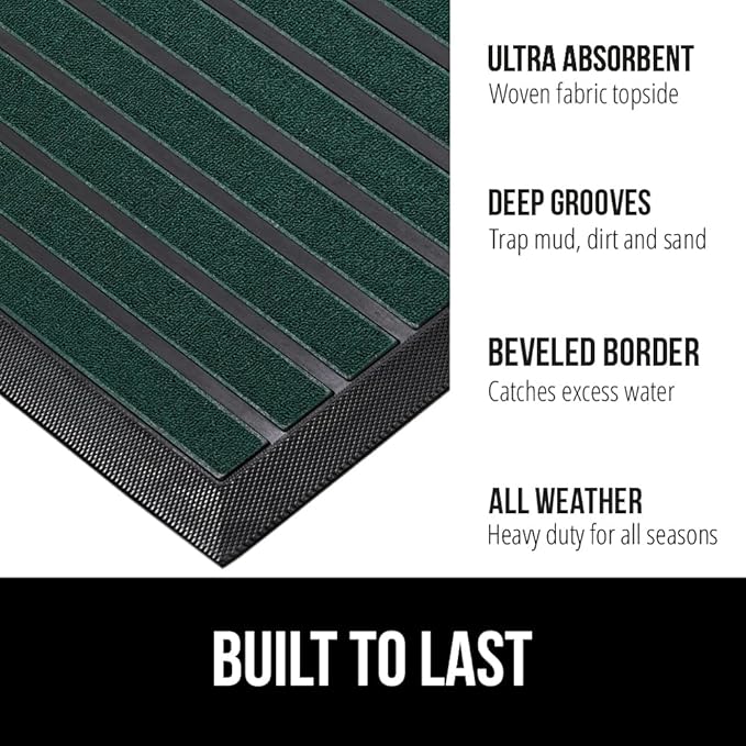 GORILLA GRIP 100% Waterproof All-Season WeatherMax Doormat US Designed Natural Rubber, Stain and Fade Resistant, Low Profile Indoor Outdoor Door Mats, Easy Clean Patio Mat, 23x35, Green Stripe - Image 2