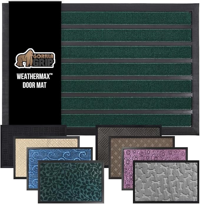 GORILLA GRIP 100% Waterproof All-Season WeatherMax Doormat US Designed Natural Rubber, Stain and Fade Resistant, Low Profile Indoor Outdoor Door Mats, Easy Clean Patio Mat, 17x29, Green Stripe by GorillaGrip