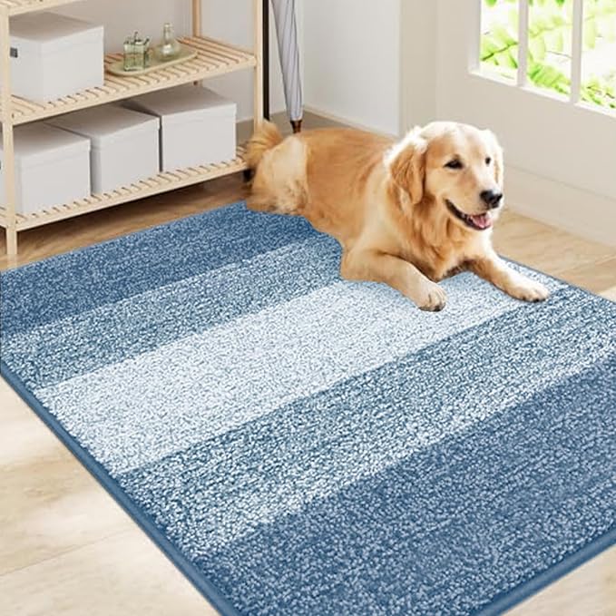 Smiry Dog Door Mat for Muddy Paws, Absorbs Moisture and Dirt, Low-Profile Entryway Mat with Non-Slip Backing, Entry Indoor Outdoor Doormat for Inside Floor (40x32 Inches, Light Blue, Striped) by Smiry