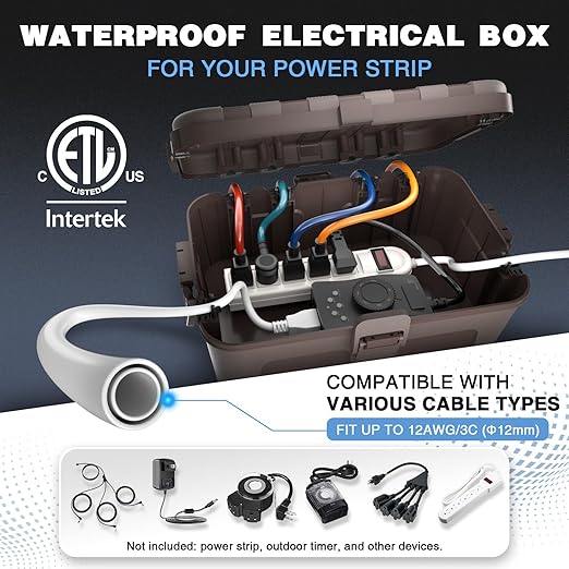 Flemoon Outdoor Electrical Box Waterproof, IP54 Waterproof Extension Cord Cover, Protect Outlet, Plug, Socket, Timer, Power Strip, Holiday Light, Large Weatherproof Connection Box, Brown - Image 2