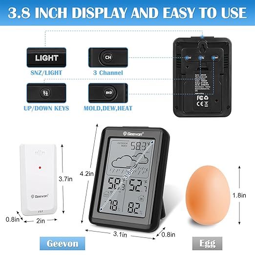 Geevon Indoor Outdoor Thermometer Wireless 200ft/60m, Digital Temperature Humidity Monitor with Large Display, Hygrometer with Weather, 3 Channel, Mold/Dew/Heat, 10s Backlight - Image 2