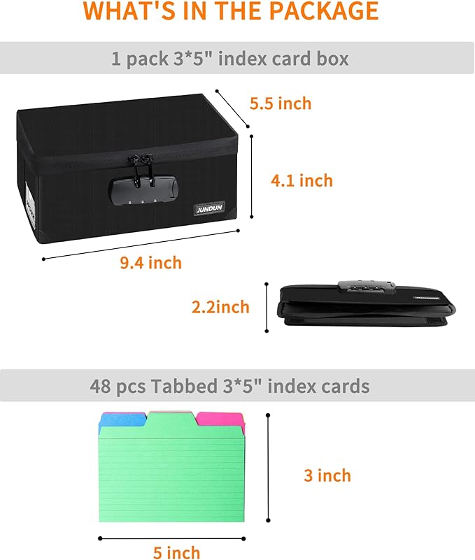 JUNDUN Index Card Holder with 48 Pieces 3x5 Inch Index Cards Dividers,Collapsible Fireproof Index Card Box with Lock fits 1200 3x5-Inch Flash Cards - Business, or Note Card Storage Boxes - Black - Image 2