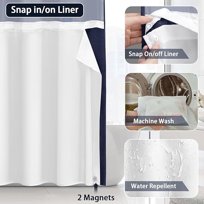 No Hook Shower Curtain and Liner Set,Blue Hotel Waffle Shower Curtain with Liner 75" L x 72" W - Image 4