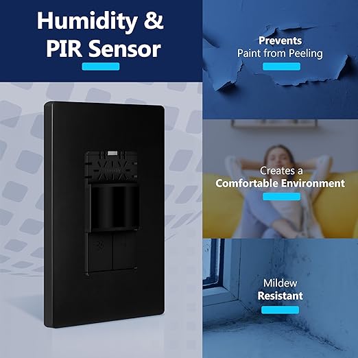 LIDER Humidity Sensor Switch and Motion Sensor Light Switch, PIR Sensor, Humidity Detection, Occupancy/Vacancy, No Neutral Required, ¼ HP, 1-Pole, UL Listed, Black, Wall Plate Included - Image 7