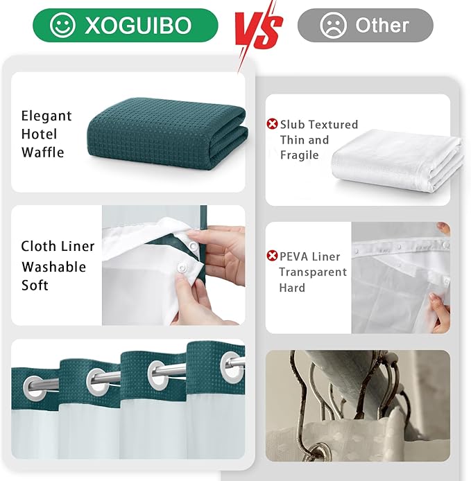 No Hook Shower Curtain and Liner Set,Seaweed Green Hotel Waffle Shower Curtain with Liner 75" L x 72" W - Image 5