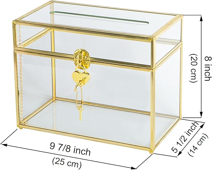 Glass Wedding Card Box with Slot, 10.2 inch Clear Card Box Gold Brass Gift Card Storage Box with Lock Perfect for Wedding Receptions, Baby Shower, Birthday Party, Bridal Shower - Image 6