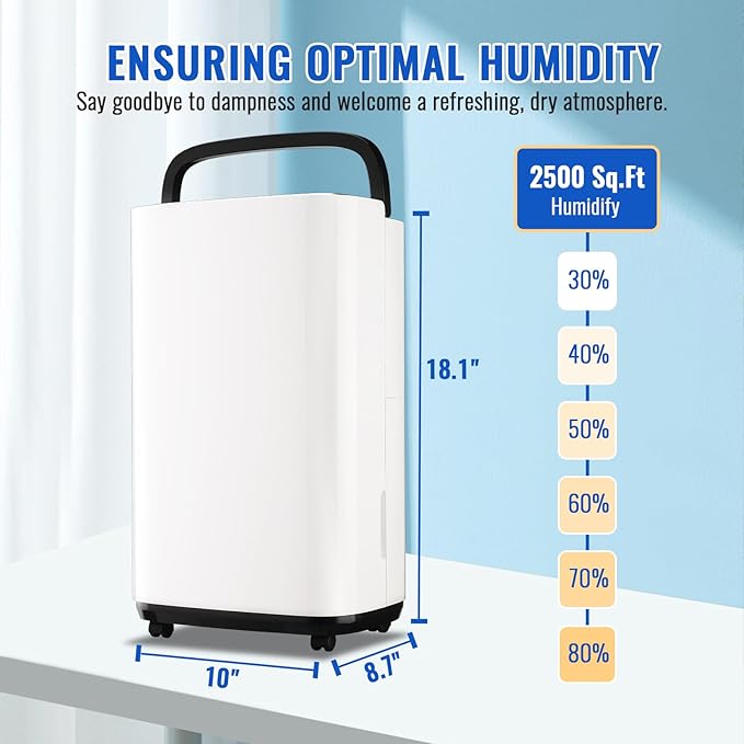 WANAI 30 Pints Dehumidifier for Basements with Drain Hose, 2500 Sq.Ft Dehumidifiers Auto Drain or Manual Drainage, Small Dehumidifier for Home Bedroom Bathroom with 2.2L Water Tank, 3 Modes, 24Timer - Image 6