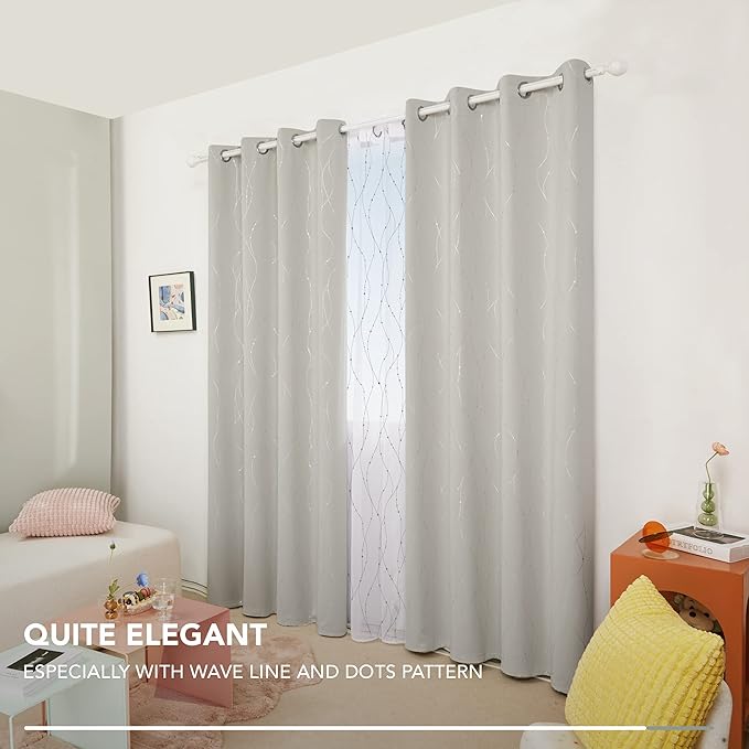 Deconovo Room Darkening Curtains, Farmhouse Boho Beige Curtain, Thermal Insulated Soundproof Drapes, Silver Wave Dots Print, 52 x 95 Inch Long, Machine Washable Panels for Nursery Bedroom, Set of 2 - Image 8