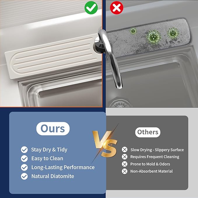 Kitchen Faucet Mat, Quick Drying Diatomite Sink Faucet Mat Splash Guard for Kitchen, Water Absorbing Stone Tray for Sink, Absorbent Stone Drying Tray for Bathroom Counter - Image 7