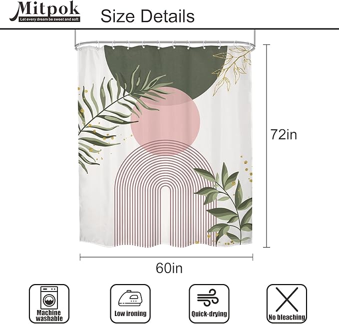 Pink Sage Green Boho Shower Curtain 60Wx72H Mid Century Modern Abstract Gold Leaves Plant Sun Bathroom Decor Minimalist Geometric Arch Line Aesthetic Bath Curtain Fabric Polyester 12 Pack Hooks - Image 5