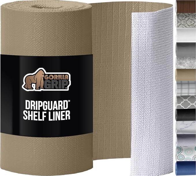 GORILLA GRIP DripGuard Shelf Liner, Non-Adhesive Drawer and Kitchen Cabinet Protector, Strong Grip Slip Resistant Underside, Smooth Surface Liners for Cabinets, Bathroom Closets, 17.5x120 Inch, Beige by GorillaGrip