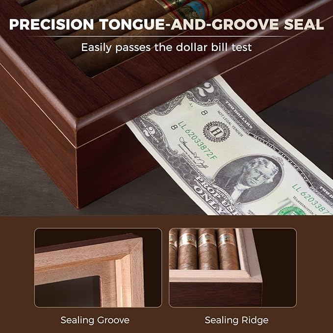 ProCase Wood Cigar Humidor Box, Wooden Desktop Cigar Storage Case, with Humidifier，Cedar Lining, Glass Top, Digital Hygrometer, Gift for Men Dad Boyfriend, Father's Day - Image 4