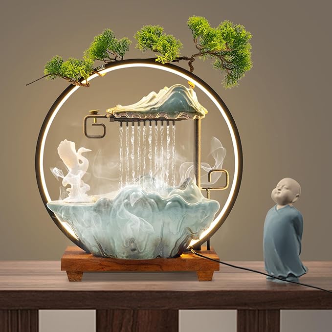15In White Crane Water Fountain Waterfall Indoor Tabletop Decration Humidifier with LED Light, Atomizer Circulating Water, Japanese Zen Decor Meditation Feng Shui Decor Festival Birthday Gift by kunghei