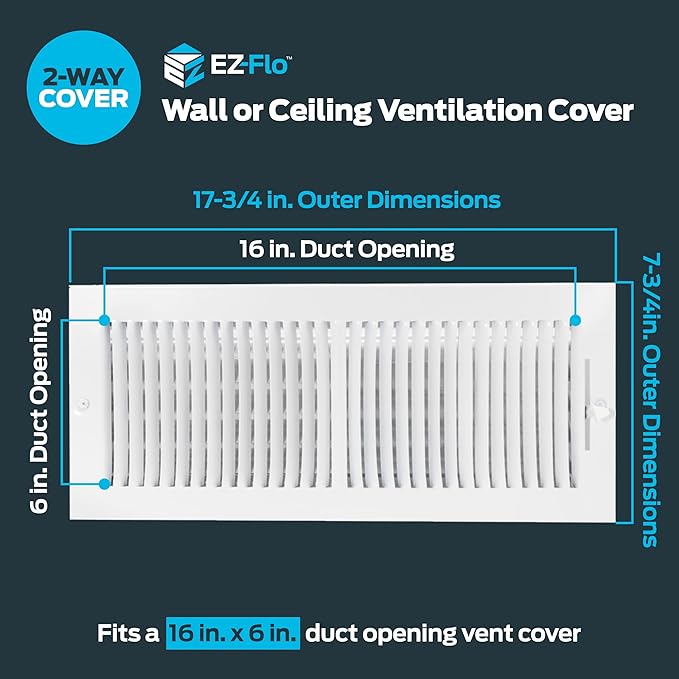 EZ-FLO 16 x 6 Inch (Duct Opening) Air Vent Cover for Wall or Ceiling, Two-Way Ventilation Register, Solid Steel HVAC Register Cover, White, 61663 - Image 2
