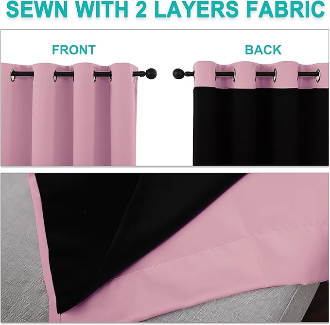 NICETOWN 100% Blackout Short Curtains with Black Liners, 2 Panels, 37" W by 60" L, Crystal Pink, Thermal Insulated Full Blackout 2-Layer Lined Drapes, Energy Efficiency Window Draperies for Bedroom - Image 5