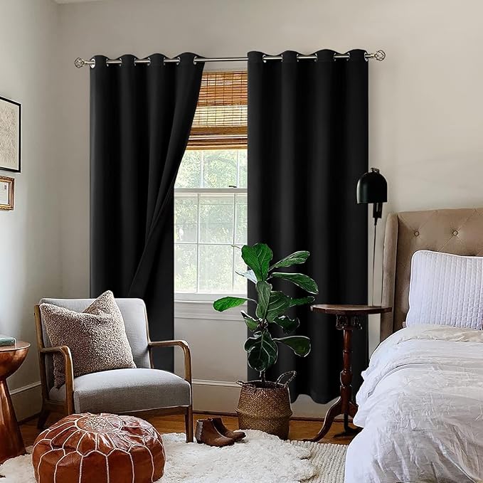 BGment Thermal Insulated 100% Blackout Curtains for Bedroom with Black Liner, Double Layer Full Room Darkening Noise Reducing Grommet Curtain (52 x 84 Inch, Black, 2 Panels) - Image 2