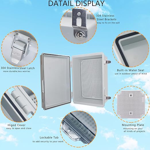 Outdoor Waterproof Box,IP67 ABS Junction Box Electrical Enclosure with Stainless Steel Latch, Hinged Cover Electric Box with Wall Brackets 13.8" Dx9.8 Wx5.9 H - Image 3