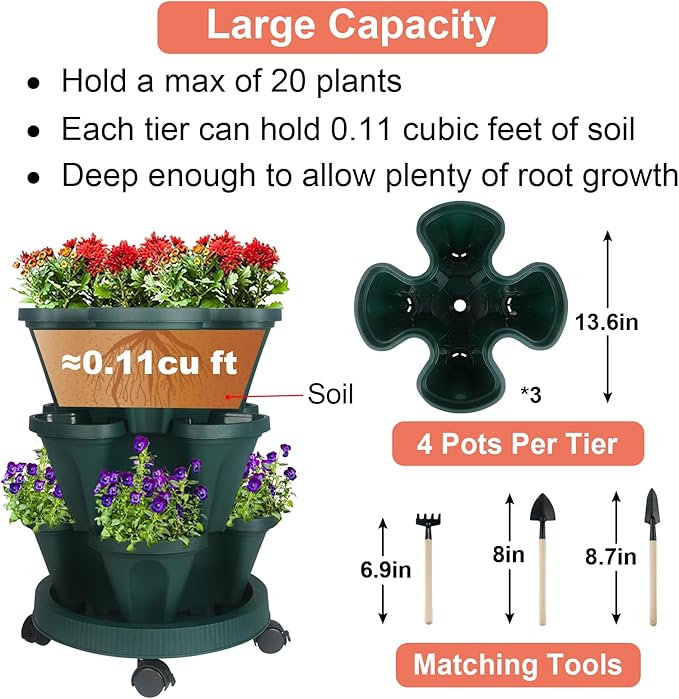 GameXcel Vertical Planter 3 Tier Stackable Planters Garden Planters Strawberry Herb Flower and Vegetable Planter Indoor Outdoor Gardening Pots with Removable Wheels and Tools - Image 5