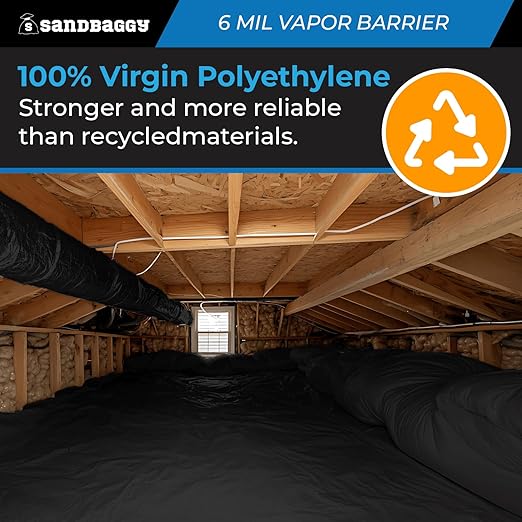 Sandbaggy 20 ft x 100 ft Vapor Barrier 6 Mil | Polyethylene | Black Plastic Sheeting Rolls | Moisture Barrier for Crawl Spaces, Concrete and Laminate Underlayment, Walls (25 Rolls) - Image 7