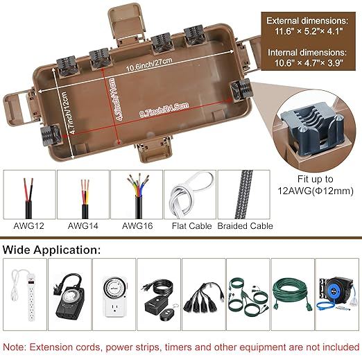 Medium Outdoor Electrical Box (11.6x5.2x4.1 inch), IP54 Waterproof Extension Cord Cover w/ 6 Cable Entry, Weatherproof Connection Box for Power Strip, Plug, Timer, Holiday Lights, Brown - Image 5