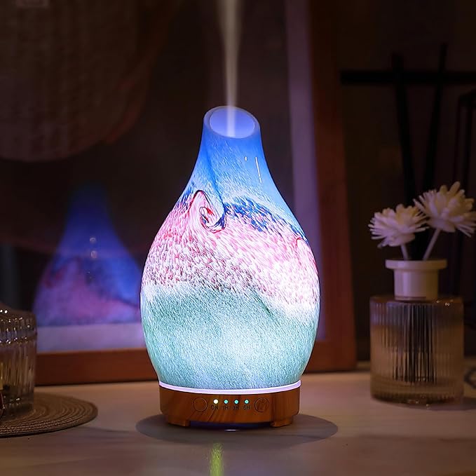 Vase Aroma Essential Oil Diffuser 160ml Art Glass Ultrasonic Cool Mist Scent Aroma Diffuser, Intermittent with Auto Shut-Off Timer Setting &7 Colors Night Light for Home-Ends of The Earth - Image 7