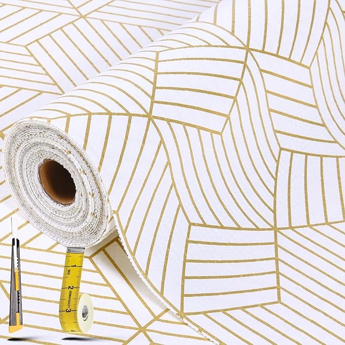 Shelf Liners for Kitchen Cabinets 17.5in x 30FT Non Adhesive Cabinet Liner Strong Non-Slip Thickened Gold Geometric Drawer Liner Easy to Clean for Shelf Cabinet with Knife and Tape Measure by Kimhan