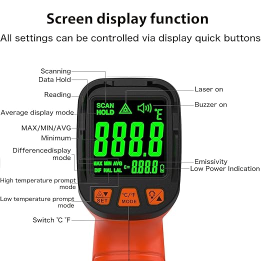 50:1 Infrared Thermometer Temperature Gun, -58°F to 1796°F Digital Laser Temp Gun for Cooking, Pizza Oven, BBQ, Fridge IR Thermometer Gun for HVAC, Engine, and Industrial Use - Image 7