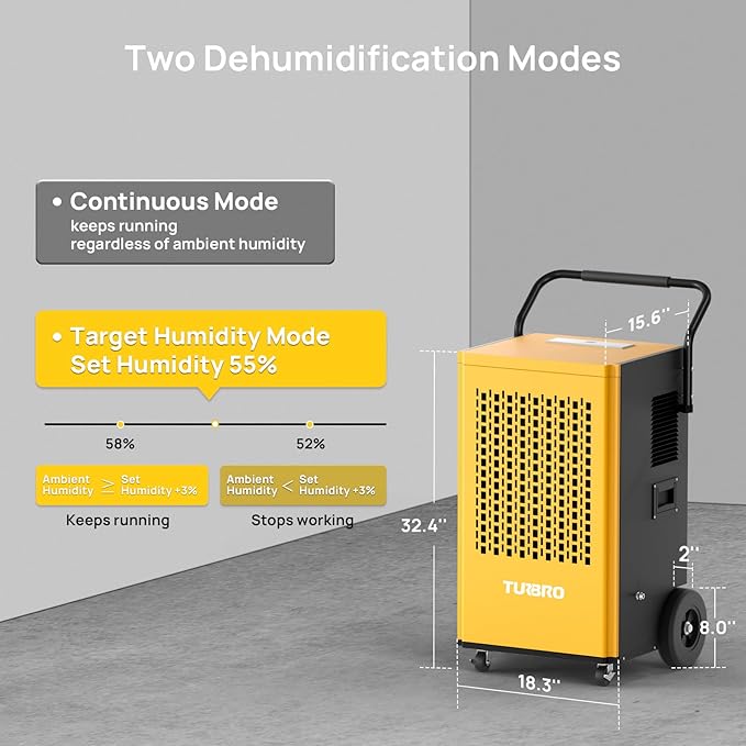 TURBRO 245 Pint Commercial Dehumidifier with Pump and Drain Hose, for Large Spaces, Rolling Wheels, Faster Defrost, for Basements, Warehouses, Flood Restoration, Industrial Sites - Image 6