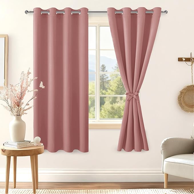 Hiasan Blackout Curtains for Bedroom, 52 x 63 Inches Length - Thermal Insulated & Energy Saving Window Curtains for Living Room, 2 Drape Panels Sewn with Tiebacks, Dusty Rose - Image 2