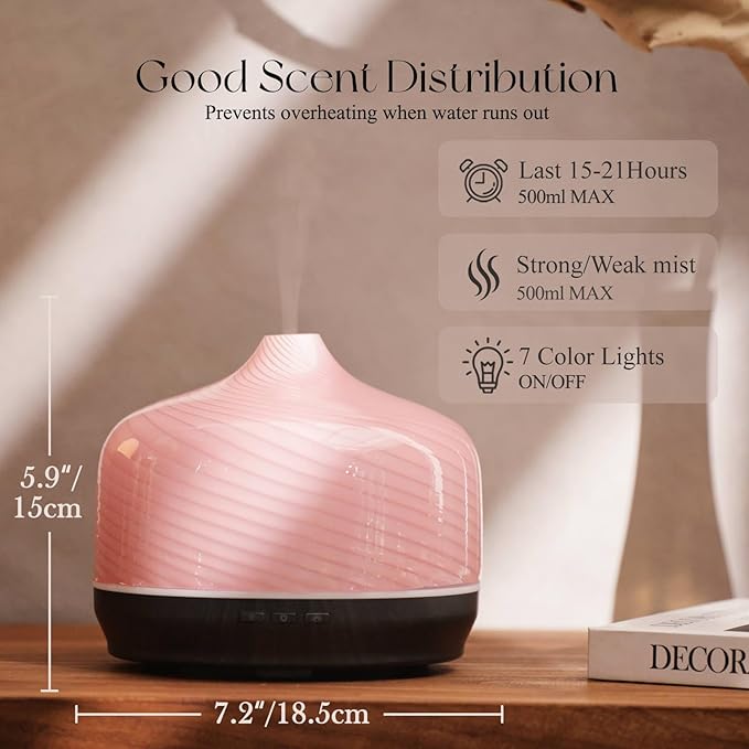 Porseme 500ml Glass Essential Oil Diffuser Aromatherapy Ultrasonic Cool Mist Humidifier 15-21 Running Hours Waterless Auto-Off Air Diffusers for Sleeping Yoga Office Working Spa and Rest (Pure Pink) - Image 3