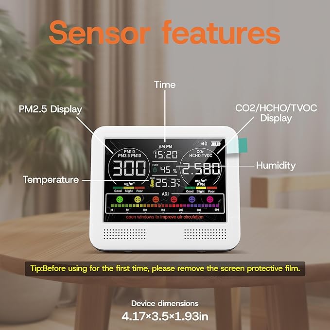 16-in-1 Indoor Air Quality Monitor with PM1.0,PM2.5,PM10,CO2,HCHO,TVOC,Temperature,Humidity,Time Display &7 AQI Alarms – Professional Air Quality Tester for Home, Office & Indoor Use (Milky White) - Image 5
