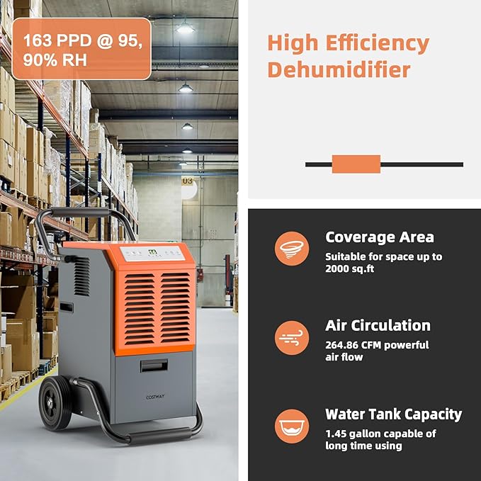 COSTWAY 163 Pints Commercial Dehumidifier, 4500 Sq.Ft Crawl Space Dehumidifier with Drain Hose, 24H Timer, for Basement, Warehouse, Job Site (Orange) - Image 2