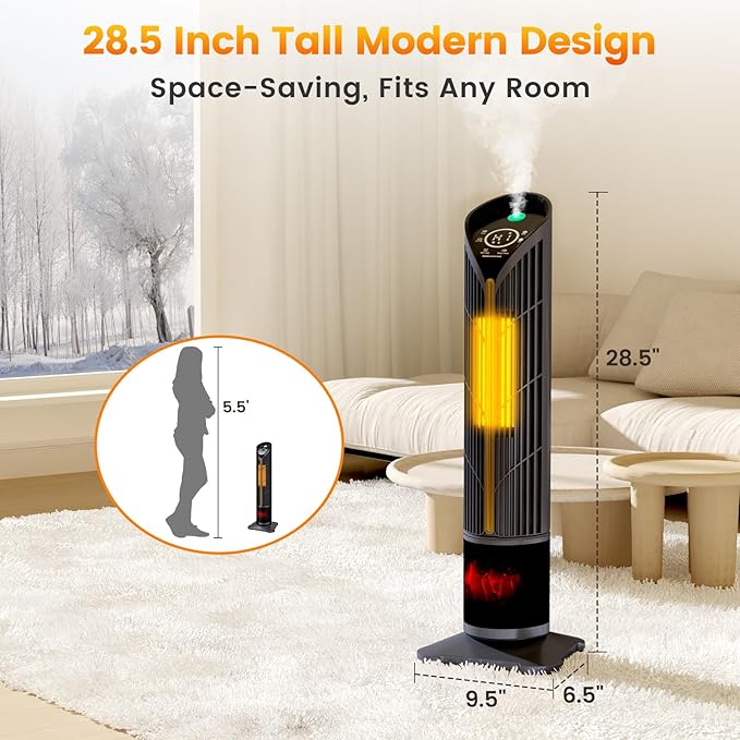 Auertech 28" Space Heater with Humidifier & LED Lights, 3 in 1 Electric Space Heater with 3D Flame, Oscillating Room Heaters with Eco Mode, 12H Timer, Space Heaters for Indoor Use Large Room, Bedroom - Image 8