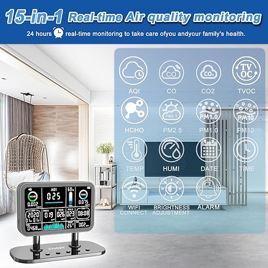 Air Quality Monitor Indoor,16 in 1 Smart Air Quality Monitor 6" Indoor Air Quality Meter VOC, AQI, HCHO, CO, Alarm, PM1.0, Temp, HUMI&CO2 PM2.5 Monitor,Indoor Air Quality Test for Home WiFi Connect - Image 6