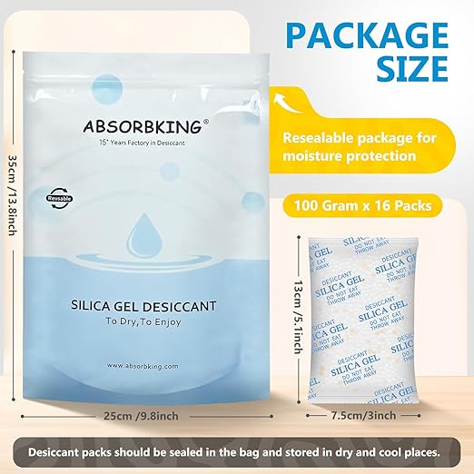 Moisture Absorbers – 100 Gram 16 Packs Silica Gel Packets Food Grade Silica Packets with Color Indicating, Premium Desiccant Packs for Food, Electronics, Closet, Jewelry and Safe Storage - Image 5