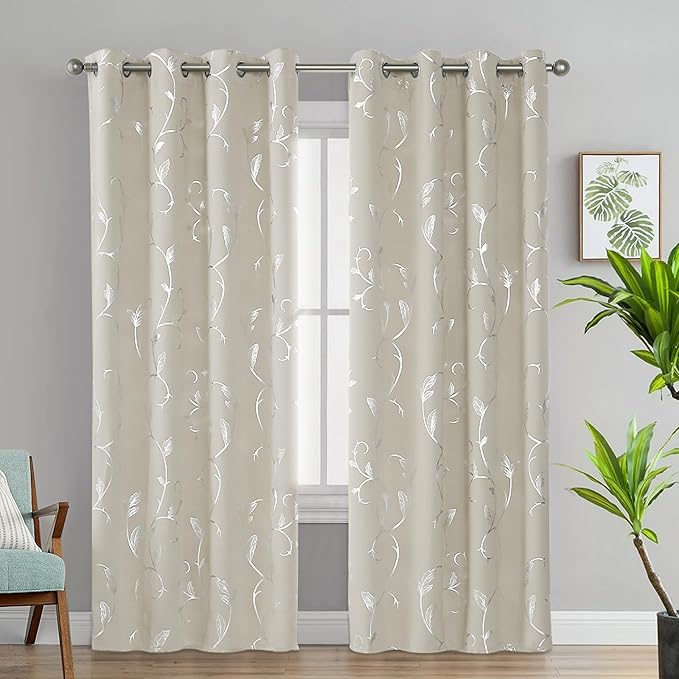 BUHUA Blackout Curtains Silver Foil Print Flower Vine Grommet Drapes, Room Darkening Thermal Insulated Curtains, Noise Reducing Curtain for Bedroom, Natural, 52Wx96L, 2 Panels - Image 2