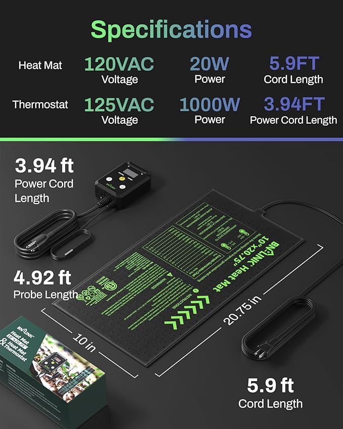 BN-LINK Seedling Heat Mat with Thermostat Controller Combo Set, 10" x 20.75" Plant Heating Mat for Seed Starting with Temperature Control for Indoor Growing, Plants Germination, ETL Listed - Image 6