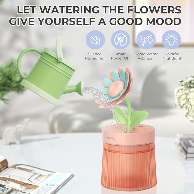 Sunflower Small Humidifier for Plant, Cool Mist Mini Humidifiers for Bedroom, Desk Personal Humidifiers with Diffuser for Indoor Office Car, Portable Humidifier for Travel - Pink 260ml - Image 3