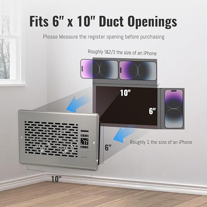 Register Booster Fan for 6" x 10" Register Holes, Quiet Vent Fan Booster with Intelligent Thermostat, Improves Heating Cooling, App Control, 10-Speeds, Manhattan Smart Register Vent, SN - Image 3