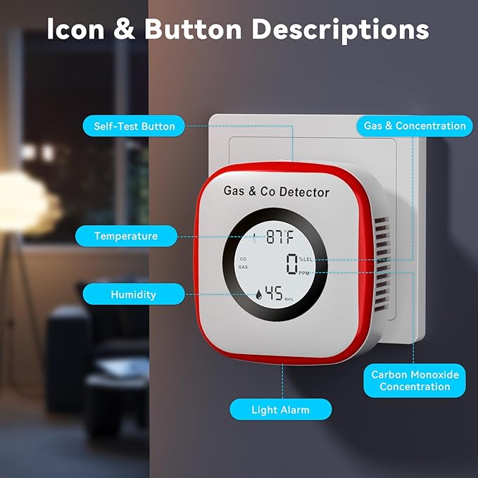 Carbon Monoxide Detectors & Gas Leak Detector, CO Detectors Plug in Wall with Battery Box & Sound and Light Alarm, Portable Carbon Monoxide Detector with Humidity & Temperature 2 Pack - Image 4