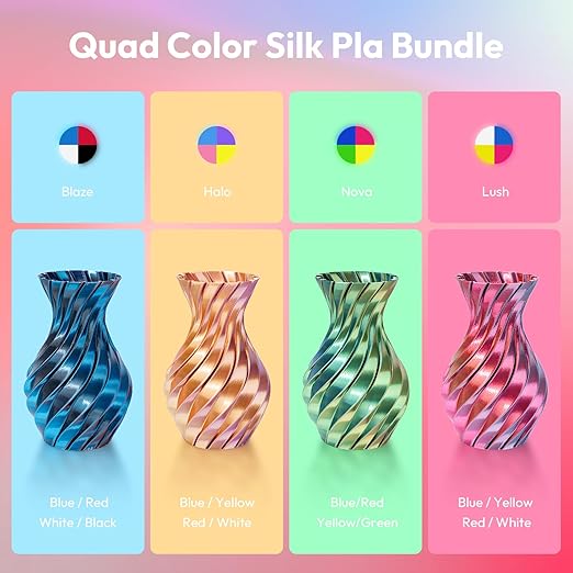AMOLEN Silk PLA 3D Printer Filament Bundle, Shiny Silkverse 4 Colors in 1 Filament 1.75mm Pack Multi Color from 4 Angles, 4×200g - Image 2