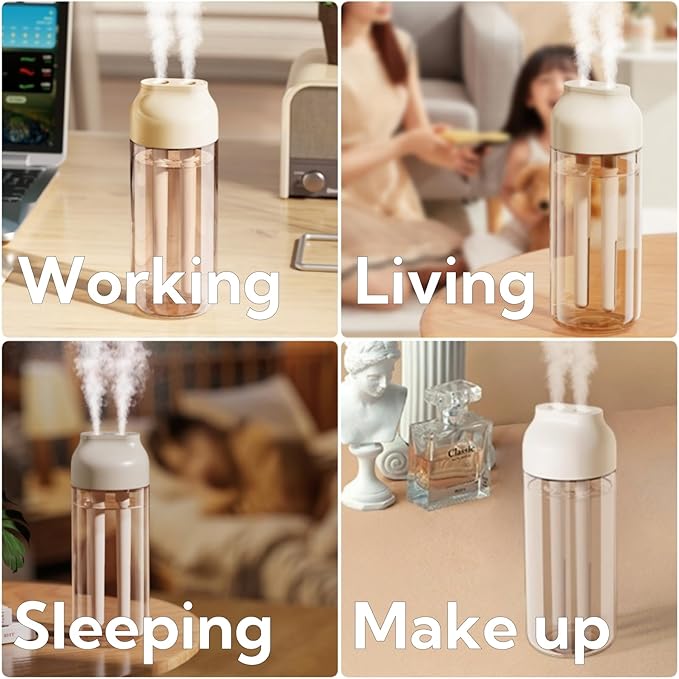 Portable Small Humidifier Dual Nozzle - Large Cool Mist Humidifiers Double Spray Ports, Water Shortage Protection, Ultra-Quiet, Mini Humidifier for Bedroom Plants Office Car Travel (P07) - Image 7