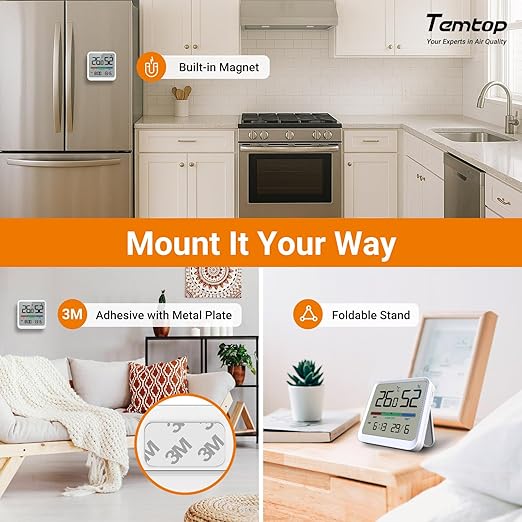 Temtop Indoor Thermometer Hygrometer, Precision Digital Temp/Humidity Monitor with Magnet & 3M Sticker, Date & Time, Wall/Magnet/Stand Mount, for Home, Office, Nursery, T1-SE 2 Pack - Image 7