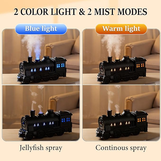 Train Diffuser 300ML Essential Oil Diffuser Cool Mist Humidifier Aroma Diffuser,2 Color Light 2 Mist Modes,3-in-1 Vintage Steam Train Diffuser Humidifier with Remote Control,Home Decor & Gift (Black) - Image 2