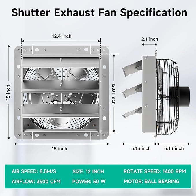 12 Inch Shutter Exhaust Fan，Automatic Shutter with ON/OFF Switch, 1430 CFM High-Speed Vent Fan, 1400 RPM Wall Mounted Attic Fan for Shed, Garage, Greenhouse Ventilation - Image 3