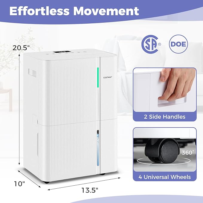 COSTWAY 74 Pints Dehumidifier for Basement, 6000 Sq.Ft Dehumidifier with 24H Timer, 3-Color Indicator, 1.2 Gallon Water Tank, Drain Hose & Wheels for Bathroom, Bedroom - Image 3