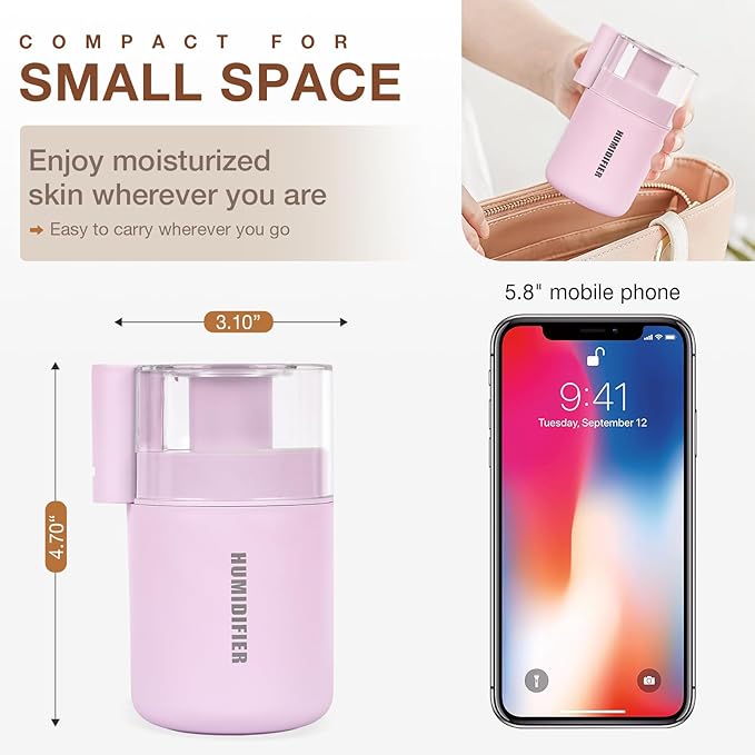 Portable Mini Humidifier, 180ml USB Cool Mist Small Humidifiers for Bedroom, Personal Desktop Humidification for Car Office Travel & Indoor Plants(Pink) - Image 2