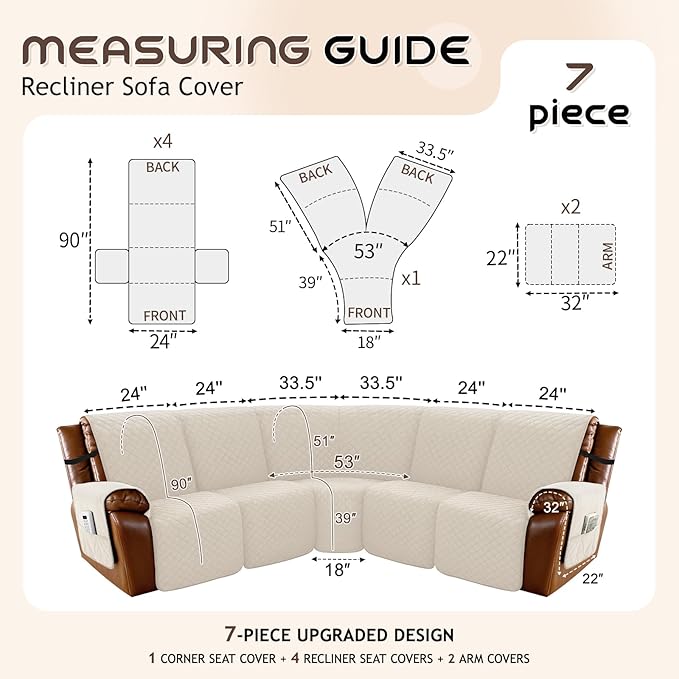 Arfntevss Waterproof Recliner Sectional Couch Covers for Reclining Sectional L Shape Sofa Cover Non Slip Washable Recliner L Shaped Slipcover Sets for Dog Furniture Protector (5 Seater, Light Beige) - Image 5