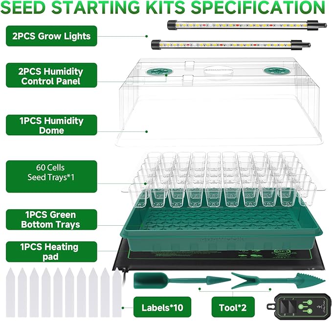 Seed Starter Tray with Grow Light and Thermostat Controller Heat Mat, 10"x 20.75" Heat Mats for Plant Growing，68-113°F Adjustable，Color Change Grow Lights，Germination Trays Kits (Green, 60 Cells) - Image 5